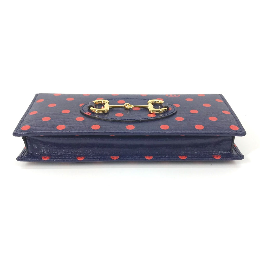 GUCCI 621892 Horsebit 1955 Dot Chain Wallet Shoulder Bag/Crossbody Wallet Leather Women's Navy x Red