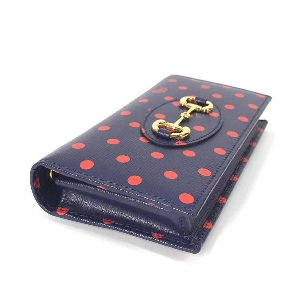 GUCCI 621892 Horsebit 1955 Dot Chain Wallet Shoulder Bag/Crossbody Wallet Leather Women's Navy x Red