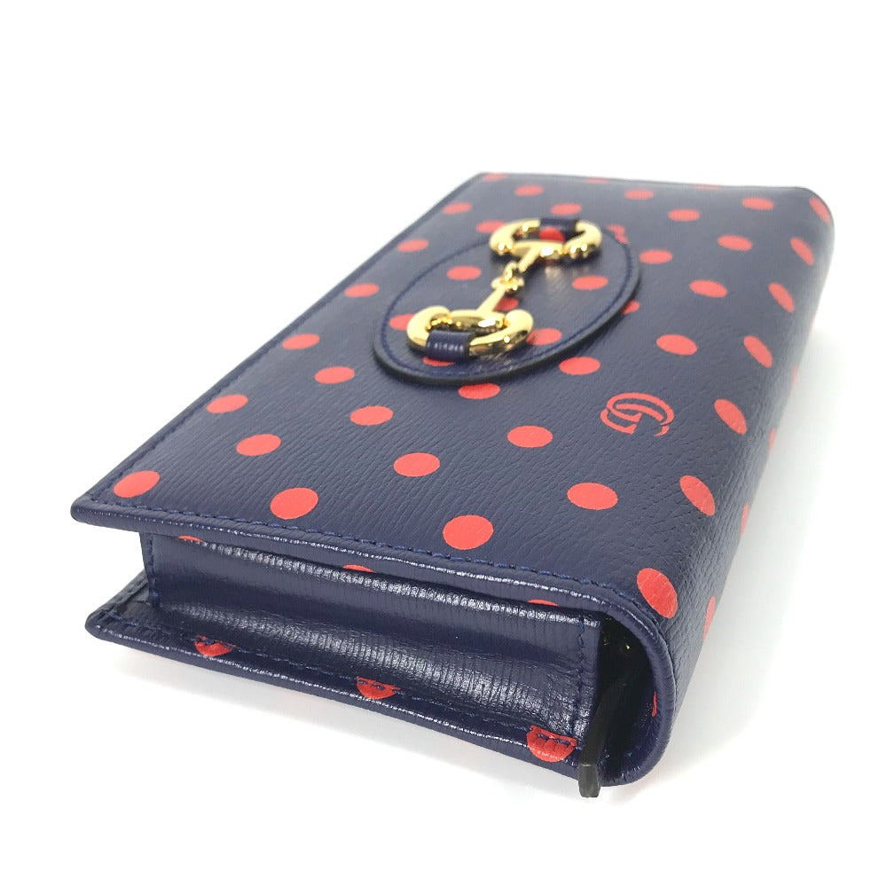 GUCCI 621892 Horsebit 1955 Dot Chain Wallet Shoulder Bag/Crossbody Wallet Leather Women's Navy x Red