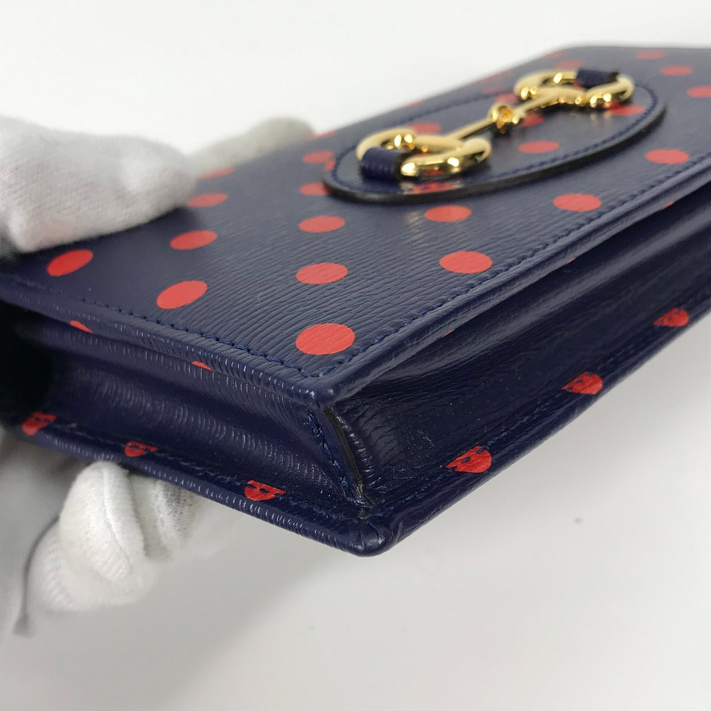 GUCCI 621892 Horsebit 1955 Dot Chain Wallet Shoulder Bag/Crossbody Wallet Leather Women's Navy x Red
