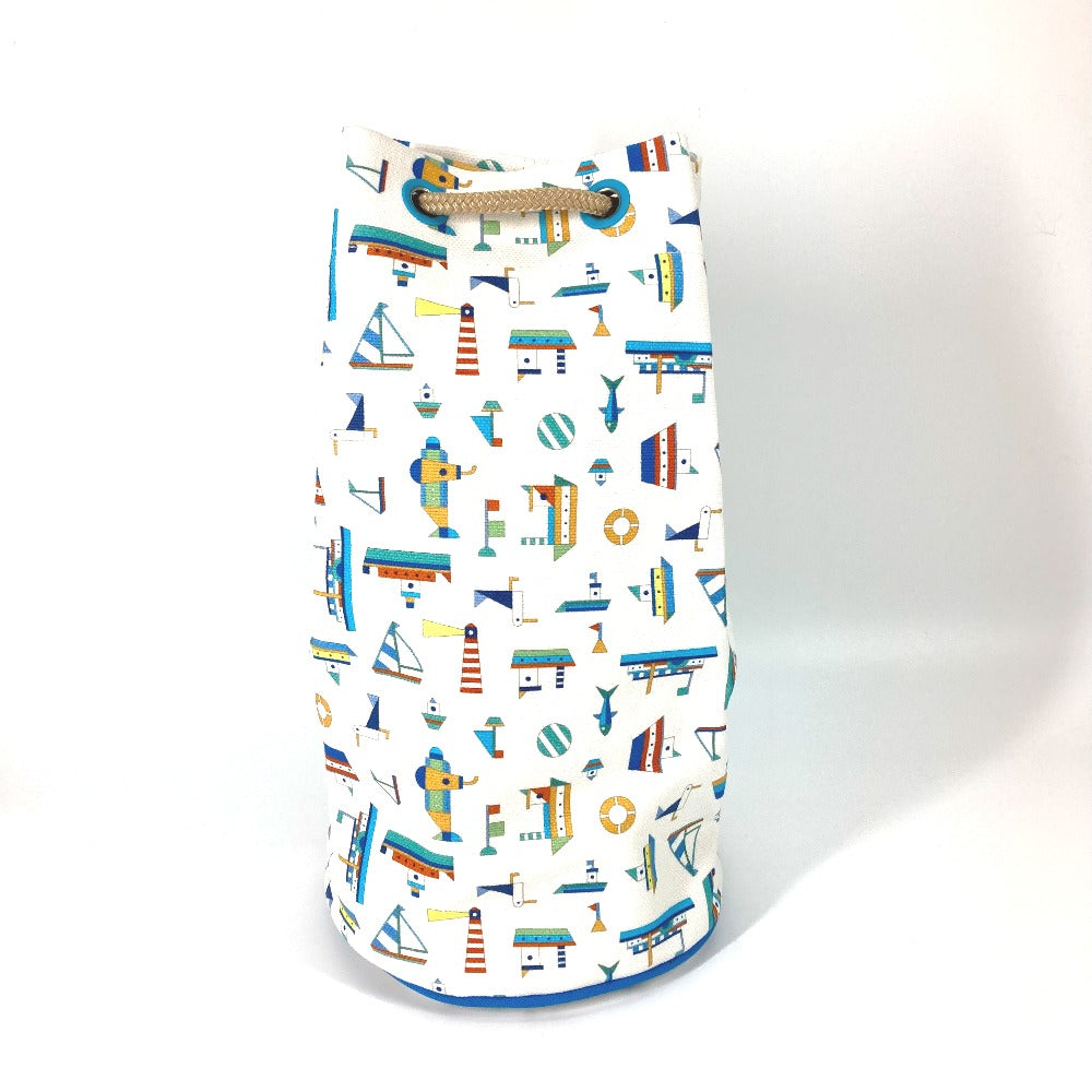HERMES Marine Print Petit Chartier Drawstring Shoulder Bag, Cotton, Kids, White x Blue