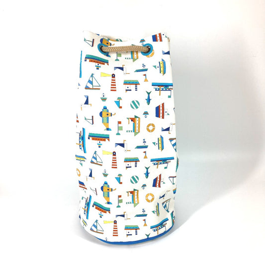 HERMES Marine Print Petit Chartier Drawstring Shoulder Bag, Cotton, Kids, White x Blue