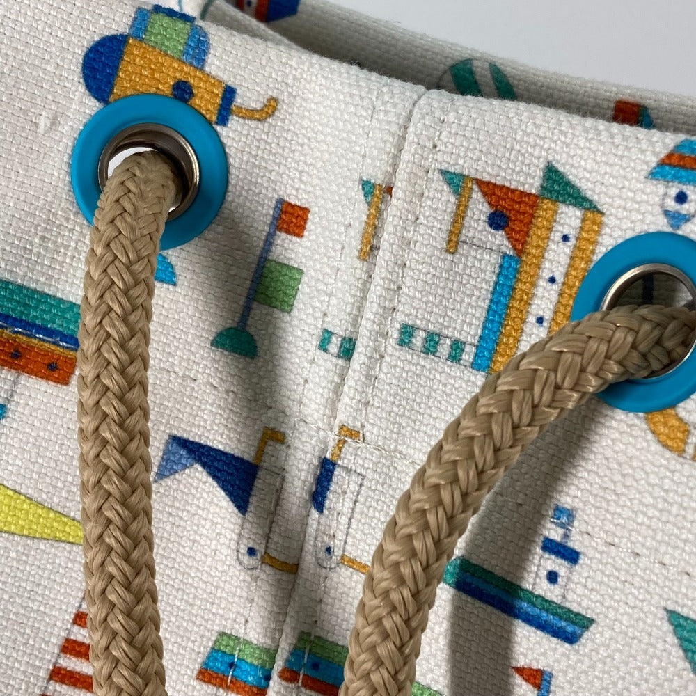 HERMES Marine Print Petit Chartier Drawstring Shoulder Bag, Cotton, Kids, White x Blue