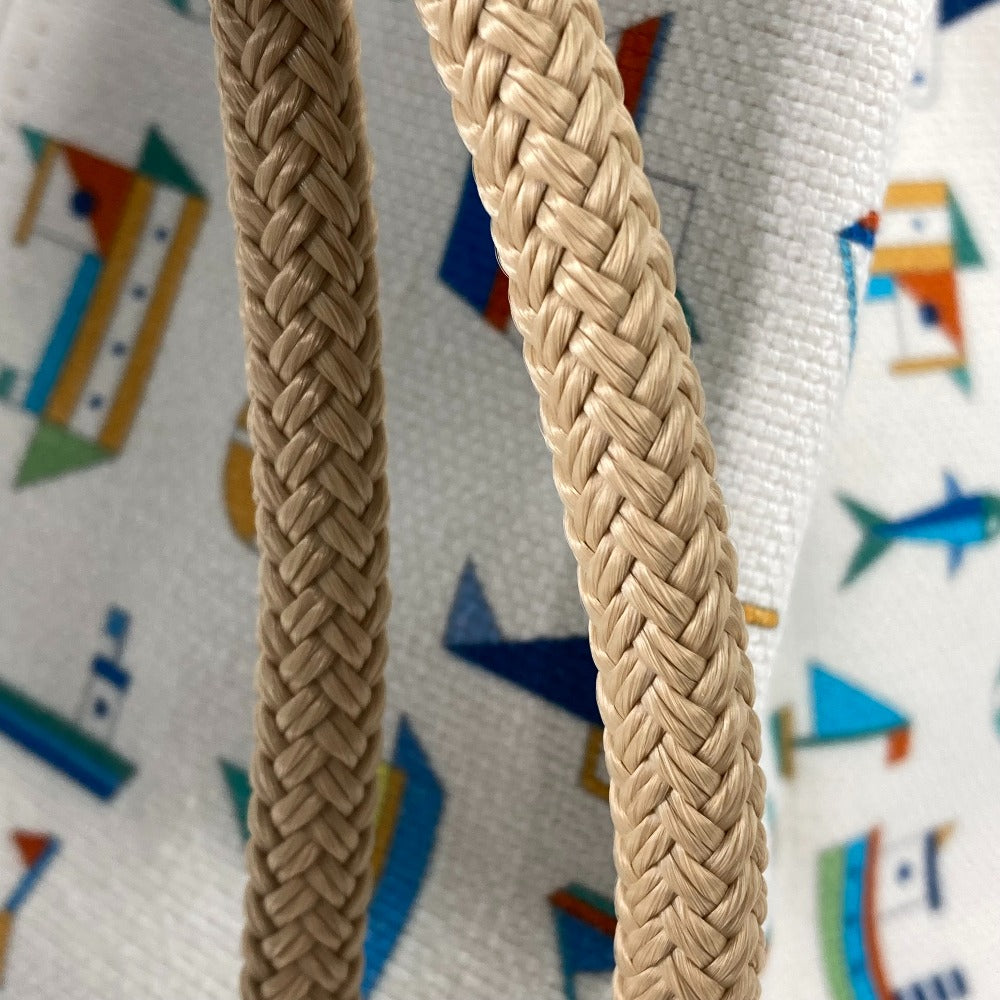 HERMES Marine Print Petit Chartier Drawstring Shoulder Bag, Cotton, Kids, White x Blue