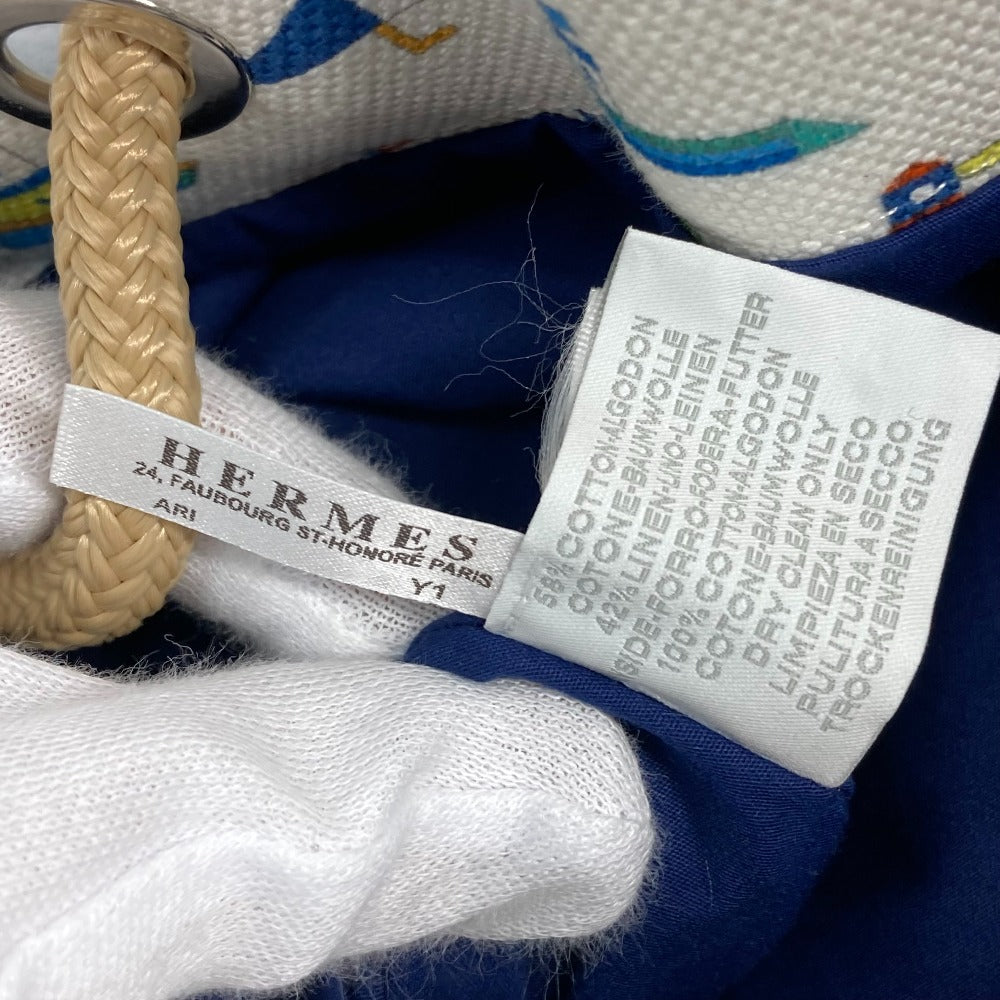 HERMES Marine Print Petit Chartier Drawstring Shoulder Bag, Cotton, Kids, White x Blue