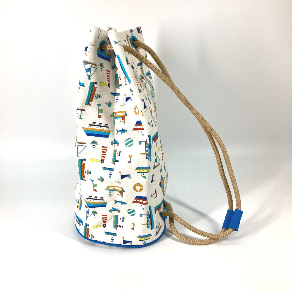 HERMES Marine Print Petit Chartier Drawstring Shoulder Bag, Cotton, Kids, White x Blue