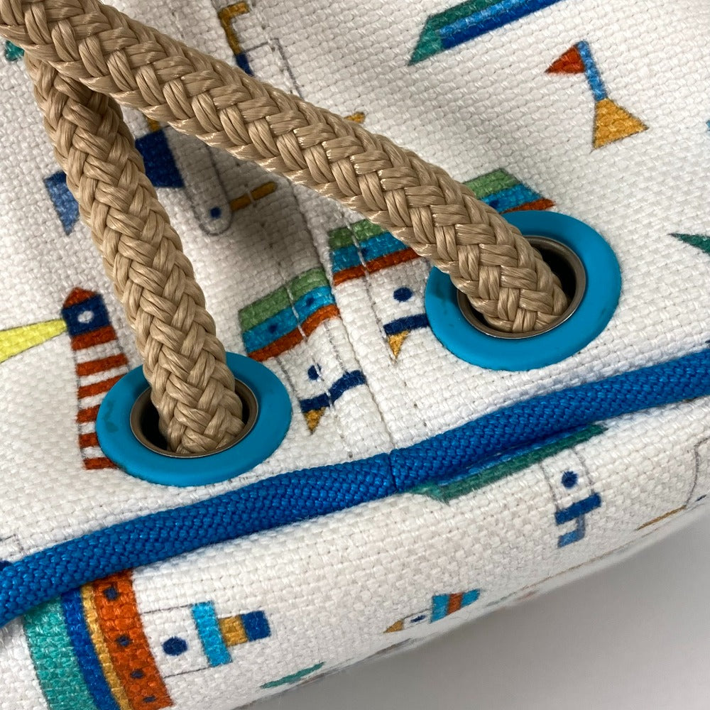HERMES Marine Print Petit Chartier Drawstring Shoulder Bag, Cotton, Kids, White x Blue