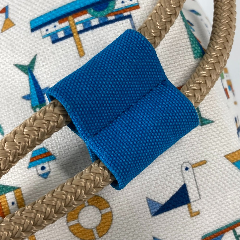 HERMES Marine Print Petit Chartier Drawstring Shoulder Bag, Cotton, Kids, White x Blue