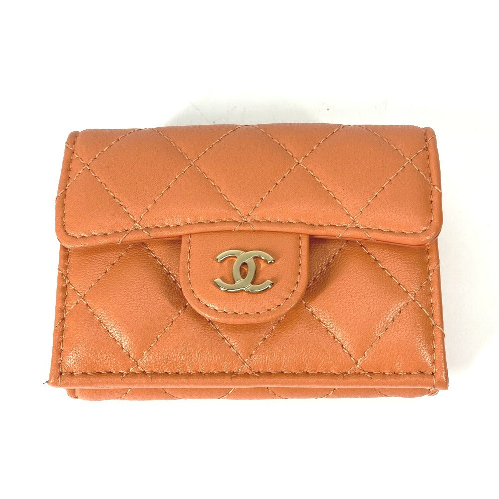 CHANEL AP0230 CC Coco Mark Matelasse Quilted Compact Wallet Tri-fold Lambskin Women's Orange