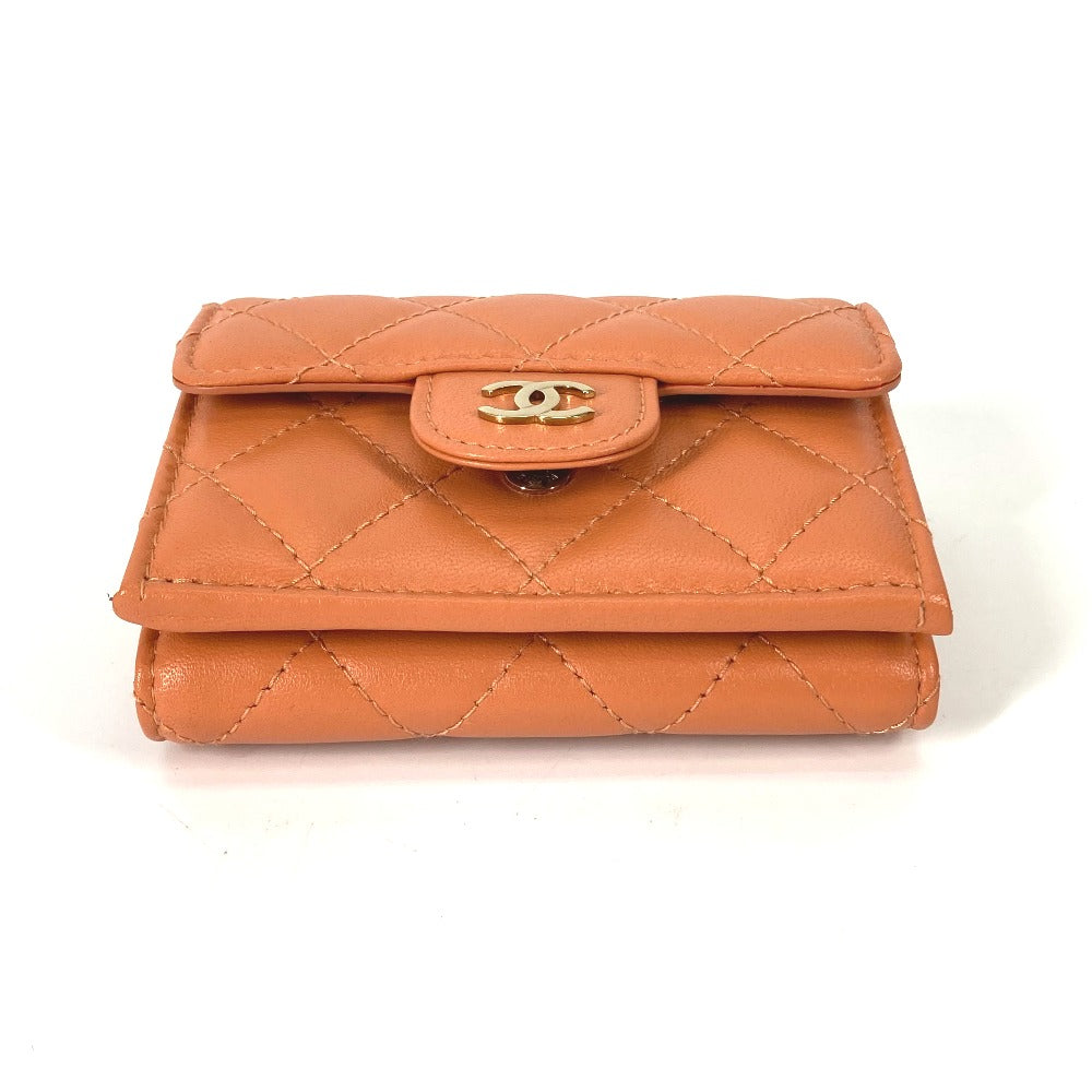 CHANEL AP0230 CC Coco Mark Matelasse Quilted Compact Wallet Tri-fold Lambskin Women's Orange