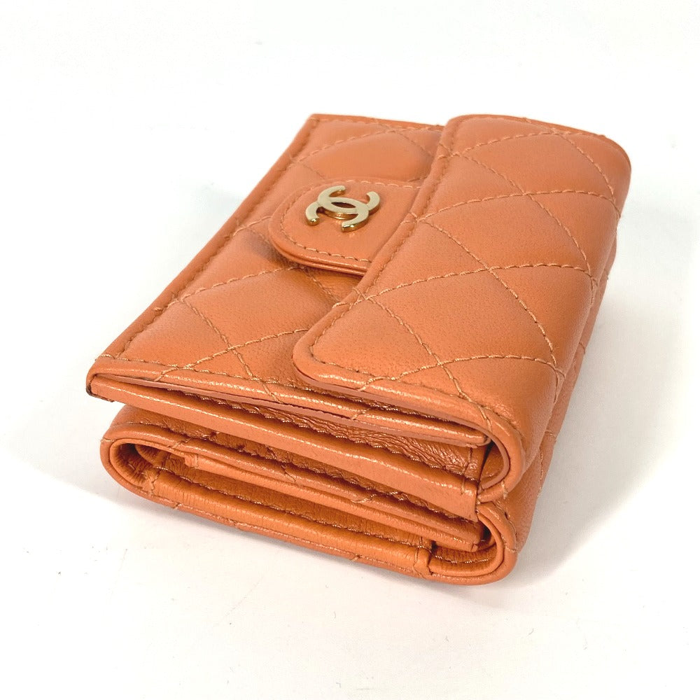CHANEL AP0230 CC Coco Mark Matelasse Quilted Compact Wallet Tri-fold Lambskin Women's Orange