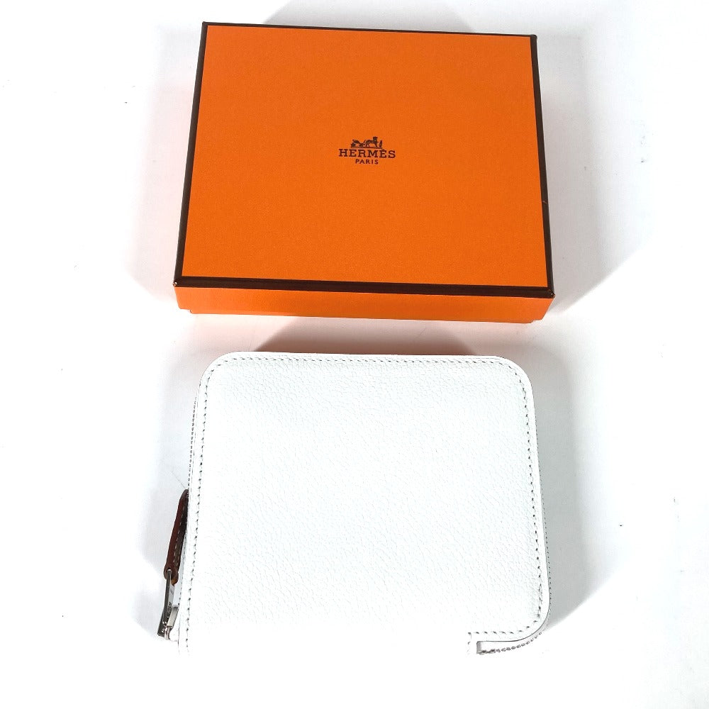 HERMES Azap Silkin Compact Coin Purse Wallet Leather Women's White