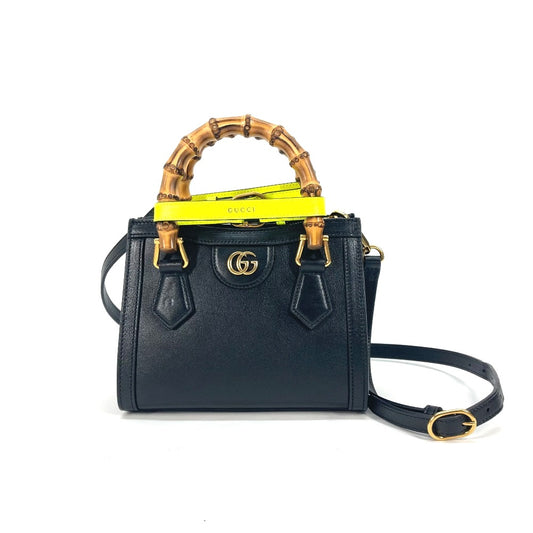 GUCCI 655661 Diana Mini Bamboo 2-Way Handbag, Shoulder Bag, Crossbody Bag, Tote Bag, Leather, Black, with Neon-Colored Strap
