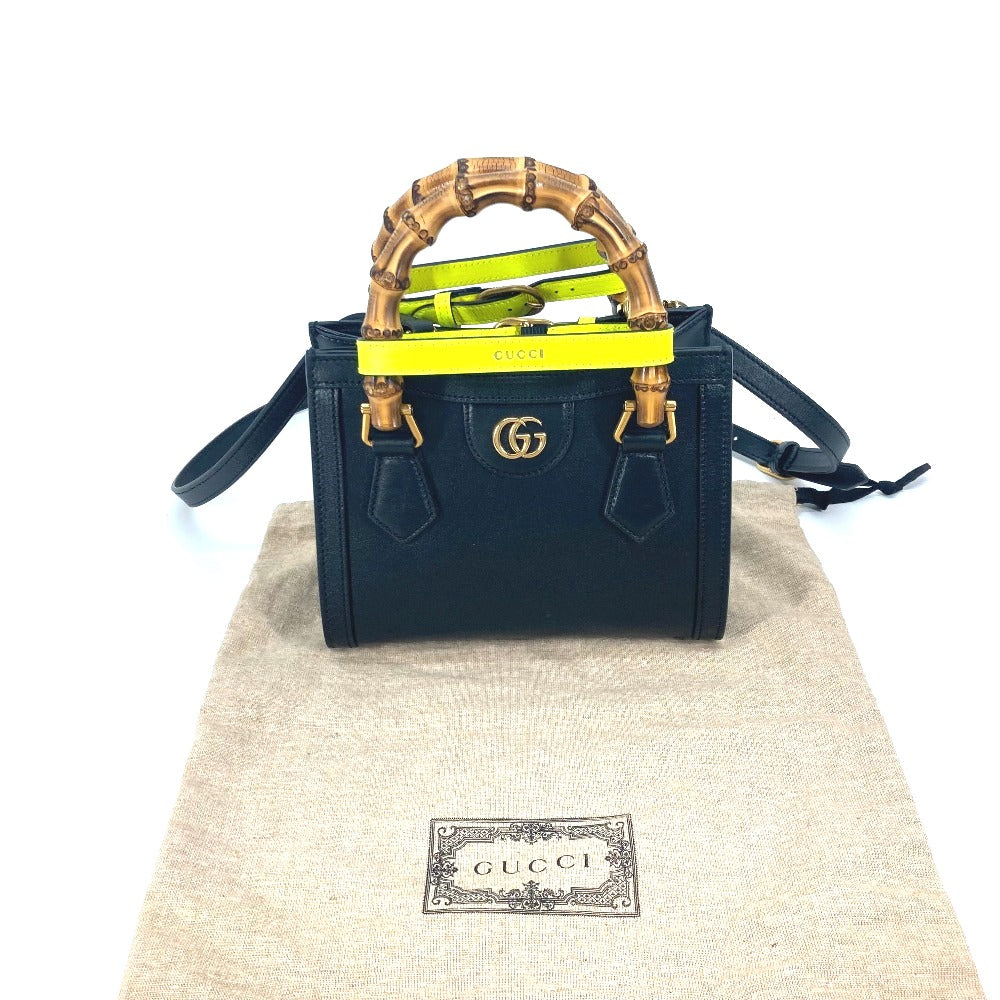 GUCCI 655661 Diana Mini Bamboo 2-Way Handbag, Shoulder Bag, Crossbody Bag, Tote Bag, Leather, Black, with Neon-Colored Strap