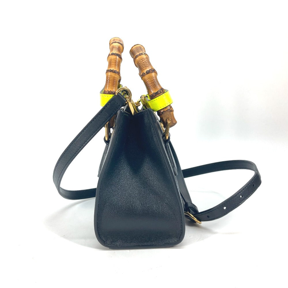 GUCCI 655661 Diana Mini Bamboo 2-Way Handbag, Shoulder Bag, Crossbody Bag, Tote Bag, Leather, Black, with Neon-Colored Strap