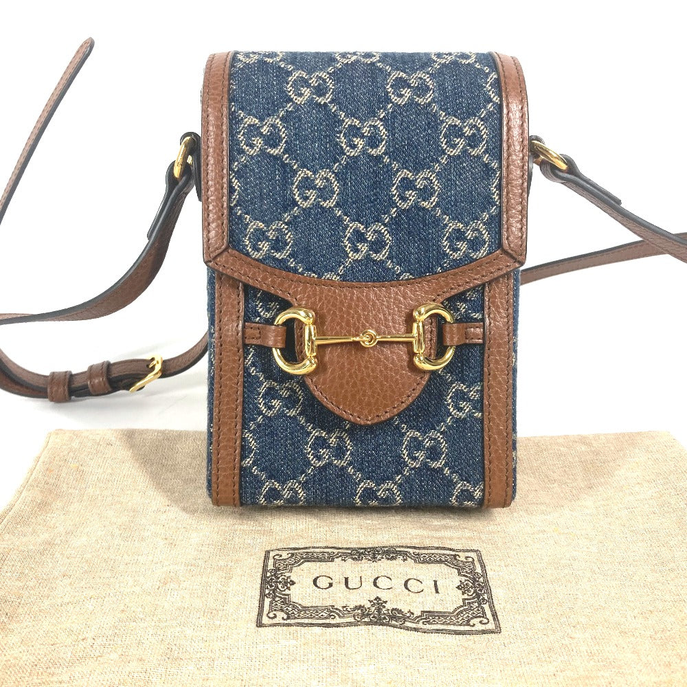 GUCCI 625615 GGデニム ホースビット 1955 ミニバッグ 肩掛け 斜め掛け ポシェット カバン ショルダーバッグ デニム レディース ブルー×ブラウン
