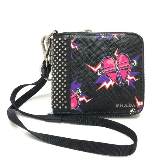 PRADA 2ML221 キーリング付きストラップ付 スタッズ フランケンハート コンパクト ジップウォレット ２つ折り財布 財布 ウォレット 2つ折り財布 サフィアーノレザ－ レディース