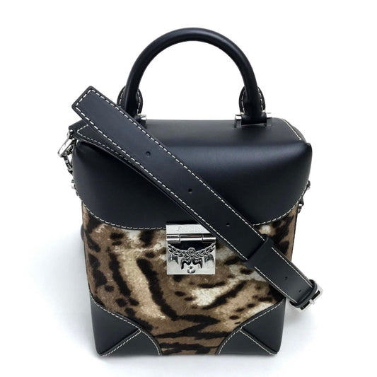 MCM MWR8ABF30EG001 Logo Lock Hardware Leopard Print 2-Way Shoulder Bag in Pony/Leather, Women's, Beige/Black