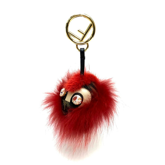 FENDI Real Fur Monster FF Pattern Key Ring with Beads, Unisex, Red and Brown