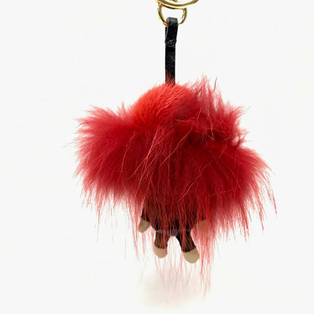 FENDI Real Fur Monster FF Pattern Key Ring with Beads, Unisex, Red and Brown