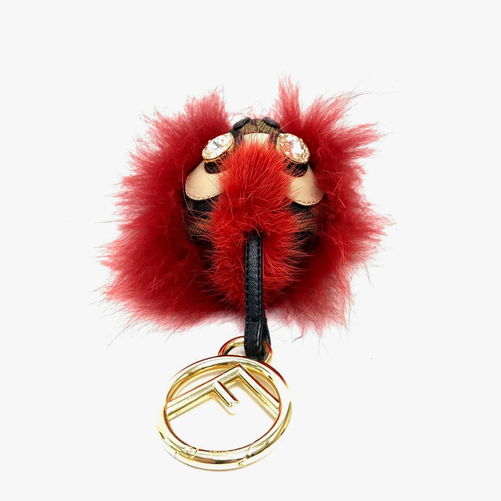 FENDI Real Fur Monster FF Pattern Key Ring with Beads, Unisex, Red and Brown