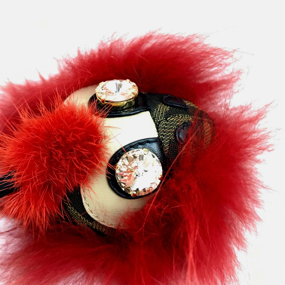 FENDI Real Fur Monster FF Pattern Key Ring with Beads, Unisex, Red and Brown
