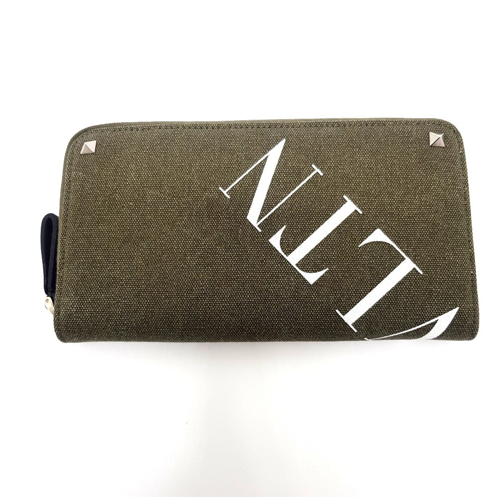 Valentino Garavani Studded VLTN Print Round Zip Long Wallet in Canvas/Leather, Unisex, Khaki and White