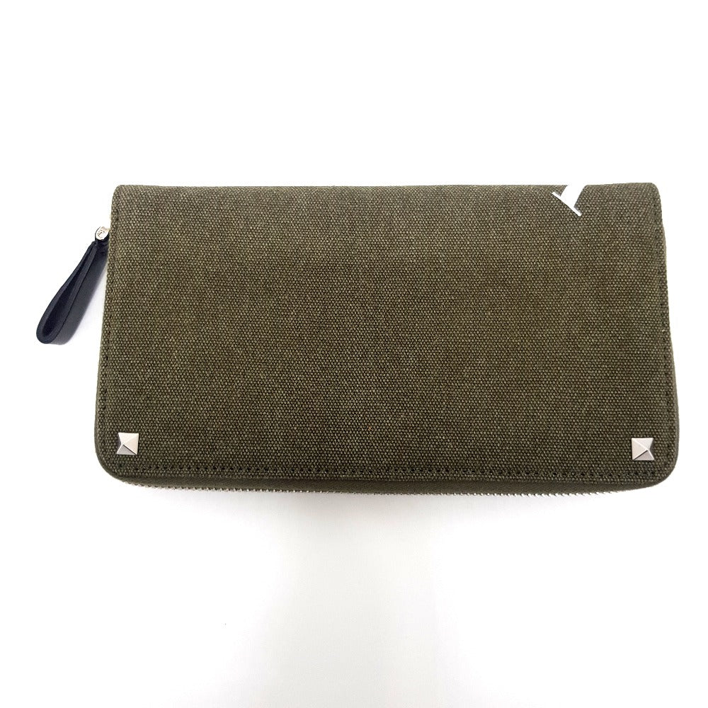 Valentino Garavani Studded VLTN Print Round Zip Long Wallet in Canvas/Leather, Unisex, Khaki and White