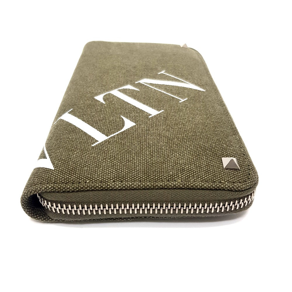 Valentino Garavani Studded VLTN Print Round Zip Long Wallet in Canvas/Leather, Unisex, Khaki and White