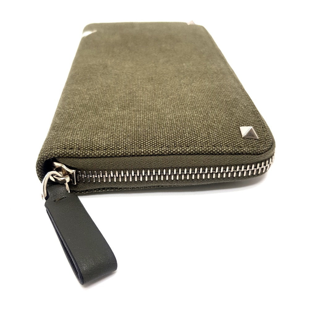 Valentino Garavani Studded VLTN Print Round Zip Long Wallet in Canvas/Leather, Unisex, Khaki and White