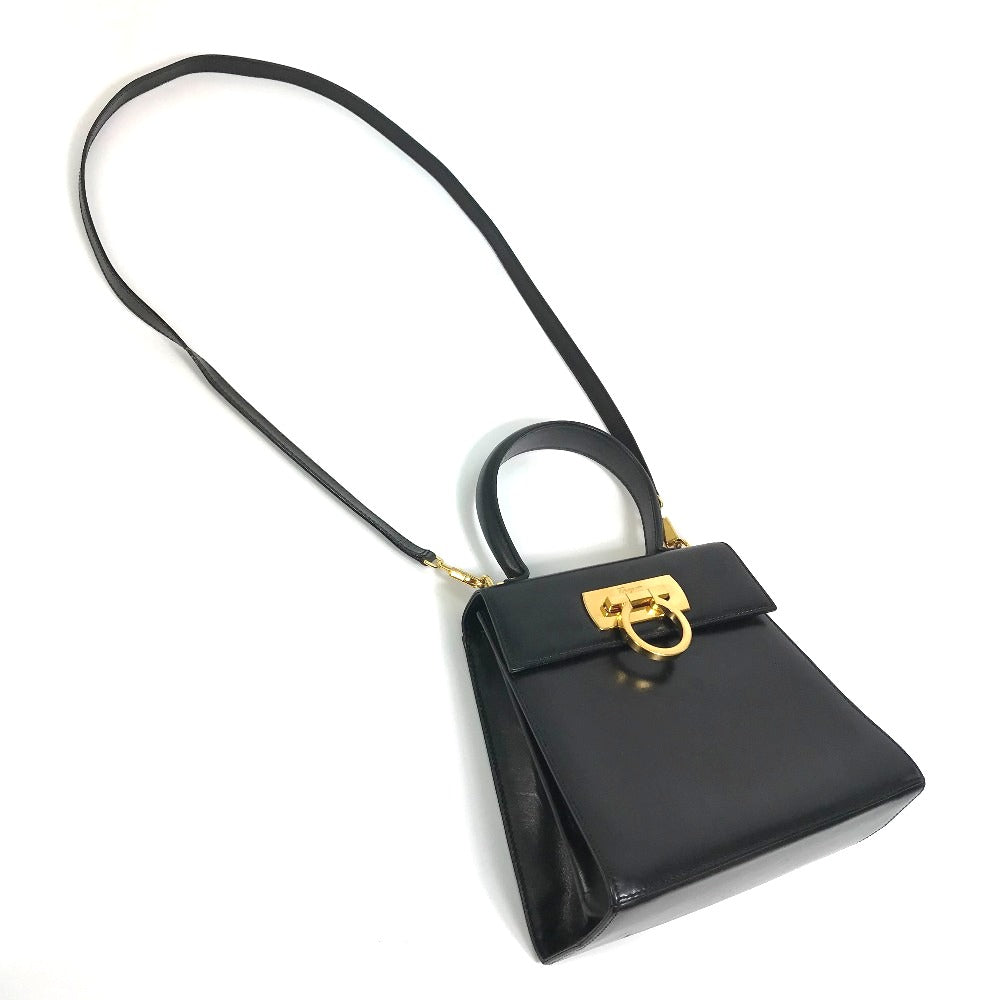 Salvatore Ferragamo Gancini Shoulder Bag, 2-Way Leather, Black, Women's