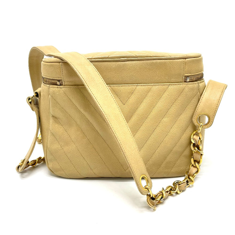 CHANEL CC Coco Charm V-Stitch Chevron Chain Shoulder Bag in Beige Caviar Leather