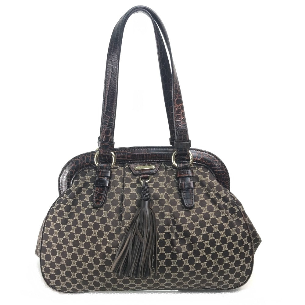 CELINE Logo Macadam Clasp Tote Bag with Tassel Shoulder Bag in Leather/Canvas, Brown with Gold Hardware