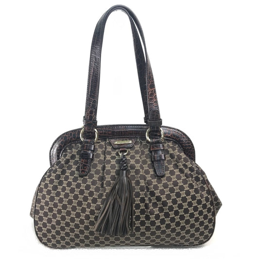 CELINE Logo Macadam Clasp Tote Bag with Tassel Shoulder Bag in Leather/Canvas, Brown with Gold Hardware