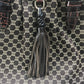 CELINE Logo Macadam Clasp Tote Bag with Tassel Shoulder Bag in Leather/Canvas, Brown with Gold Hardware
