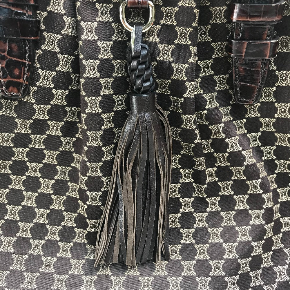 CELINE Logo Macadam Clasp Tote Bag with Tassel Shoulder Bag in Leather/Canvas, Brown with Gold Hardware