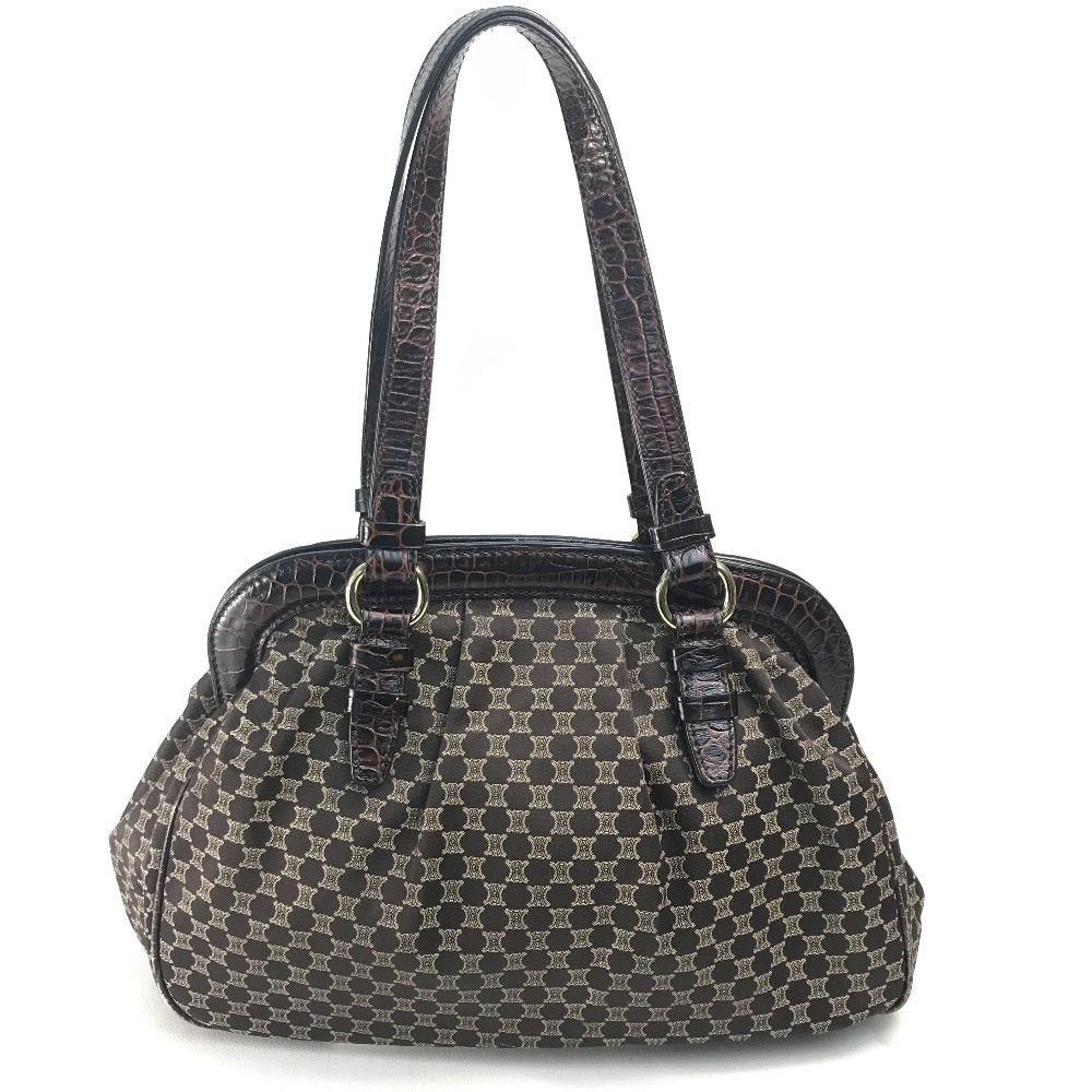 CELINE Logo Macadam Clasp Tote Bag with Tassel Shoulder Bag in Leather/Canvas, Brown with Gold Hardware