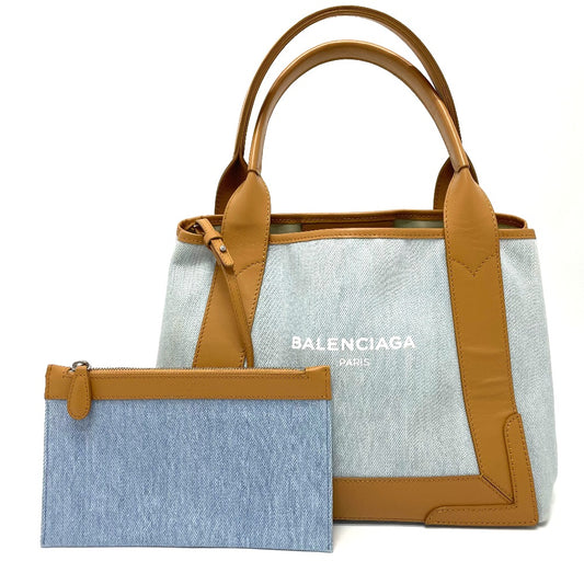BALENCIAGA 339933 Logo Print Navy Cabas S Handbag/Tote Bag in Leather/Canvas, Light Blue