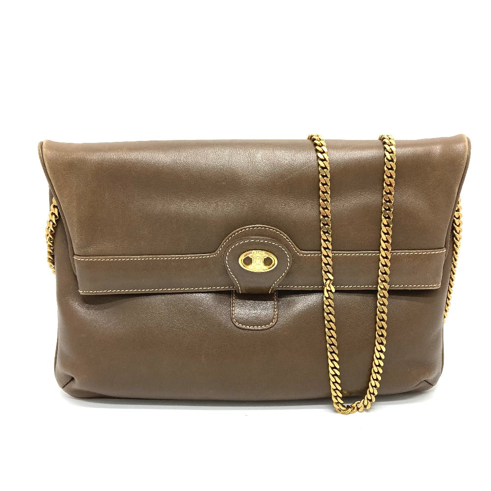 CELINE Vintage Chain Clutch Shoulder Bag with Logo Hardware, Brown Leather, for Women