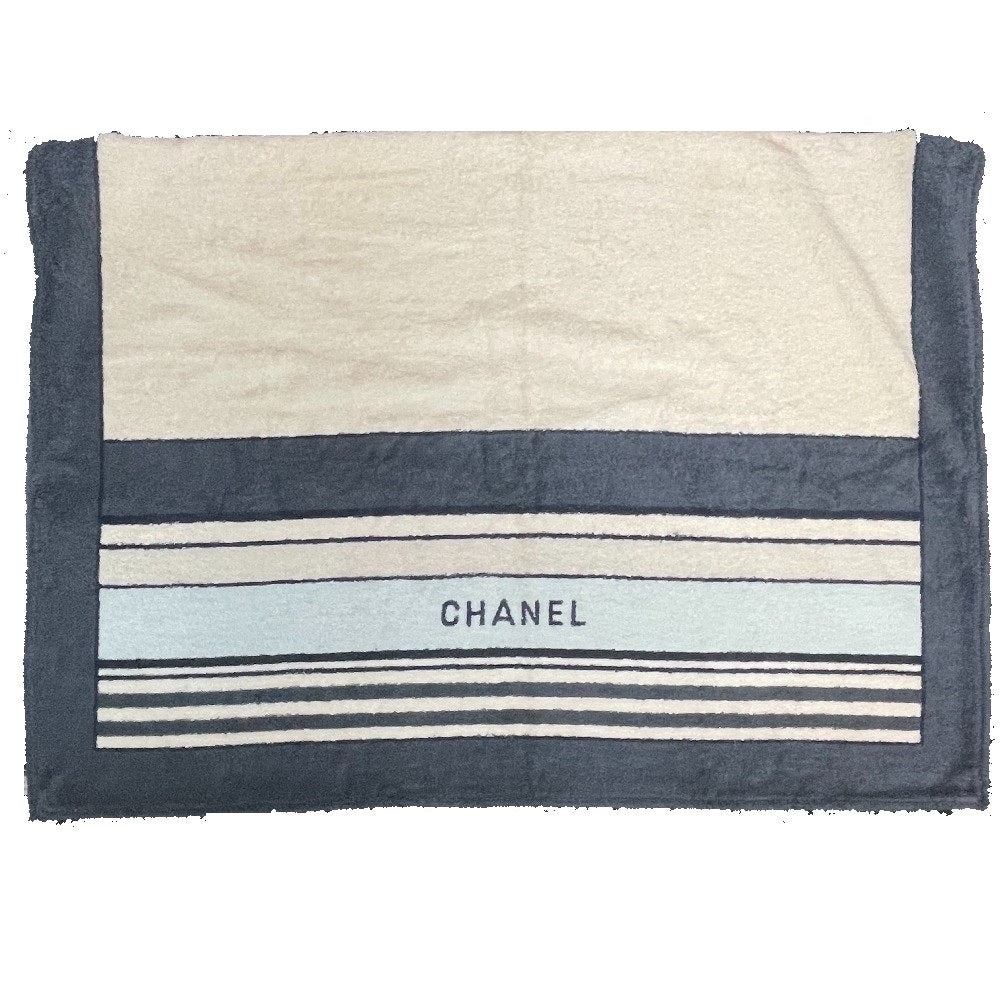 CHANEL ボーダー バスタオル 雑貨 日用品 インテリア ビーチタオル タオル コットン ユニセックス アイボリー×ブルー系