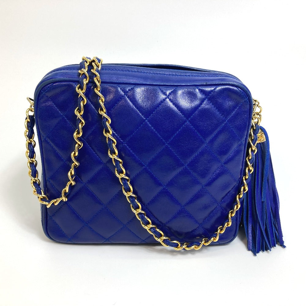 CHANEL ココマーク CC マトラッセ フリンジ カバン 肩掛け ショルダーバッグ ラムスキン レディース ブルー