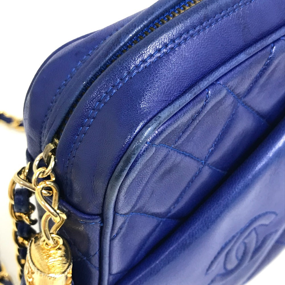 CHANEL ココマーク CC マトラッセ フリンジ カバン 肩掛け ショルダーバッグ ラムスキン レディース ブルー
