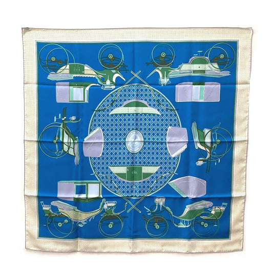 HERMES LA PERRIERE Carriage Carré 90 Silk Scarf Women's Blue/Green/Ivory