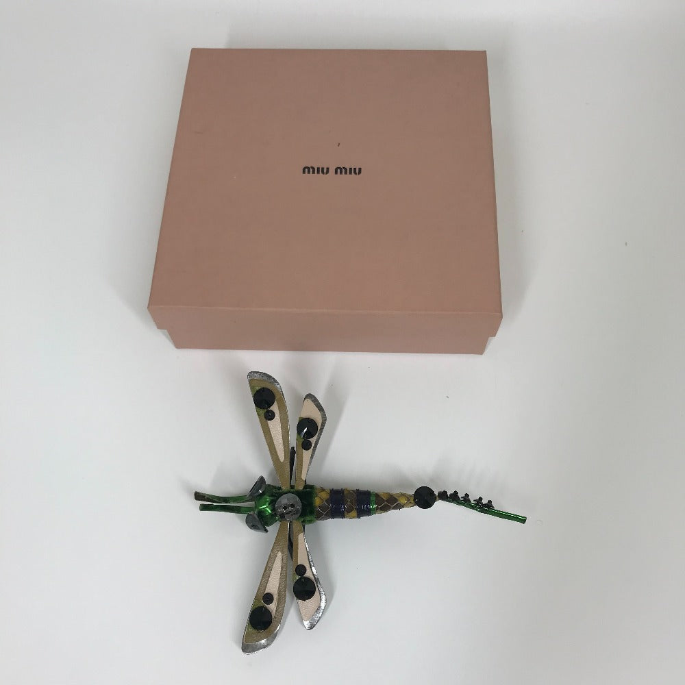 MIUMIU トンボ アクセサリー ファッション小物 ピンブローチ ブローチ レザー レディース グリーン×ピンク
