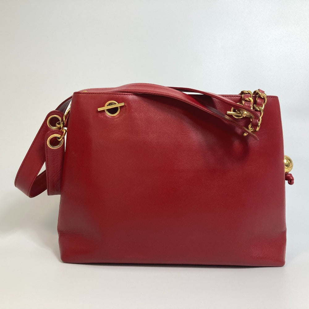 CHANEL CCココマーク ターンロック アウトサイドフラップ カバン 肩掛け トート チェーン Wチェーン ショルダーバッグ ラムスキン レディース レッド