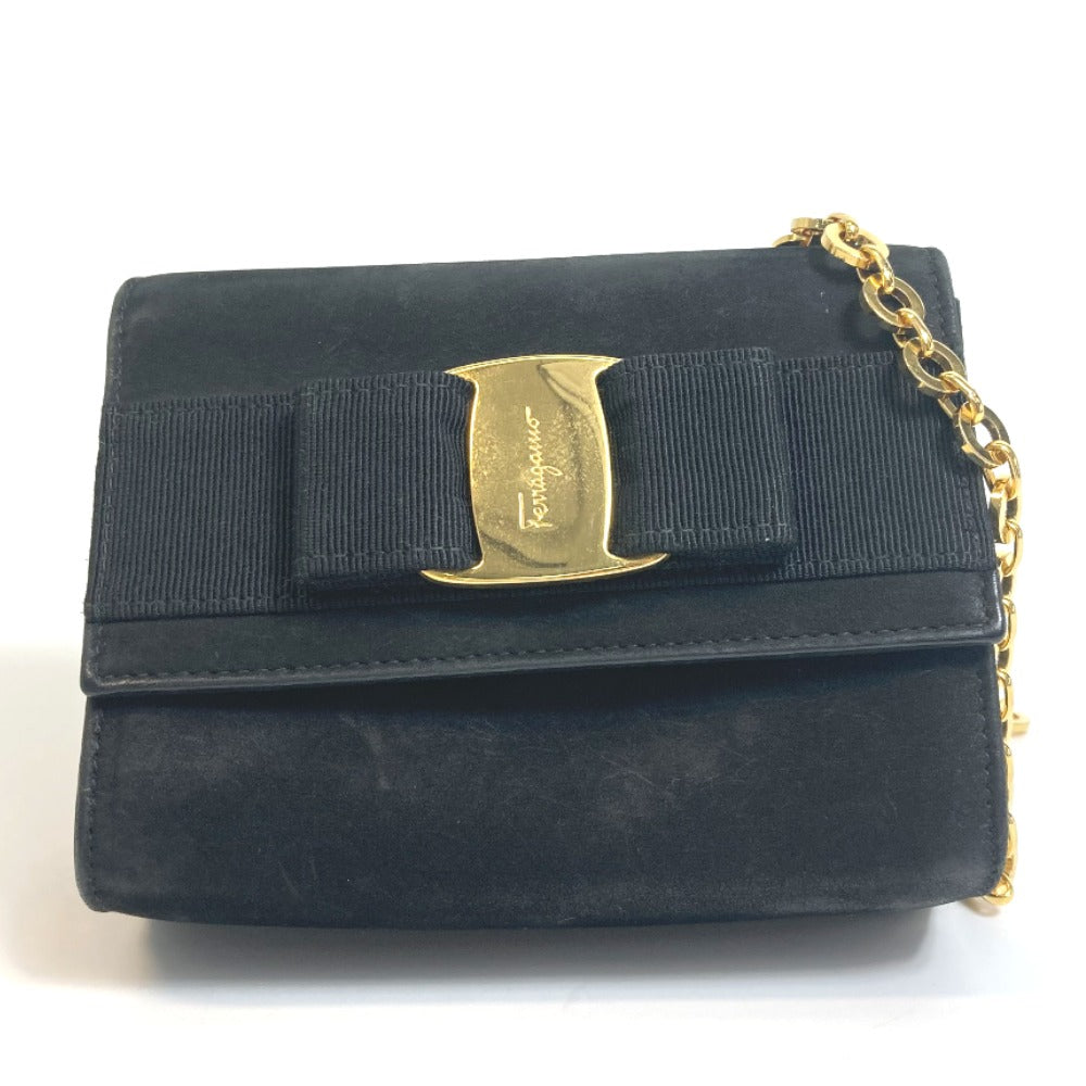 Salvatore Ferragamo AQ213202 ヴァラ リボン カバン ミニ ポシェット ショルダーバッグ スエード レディース ブラック