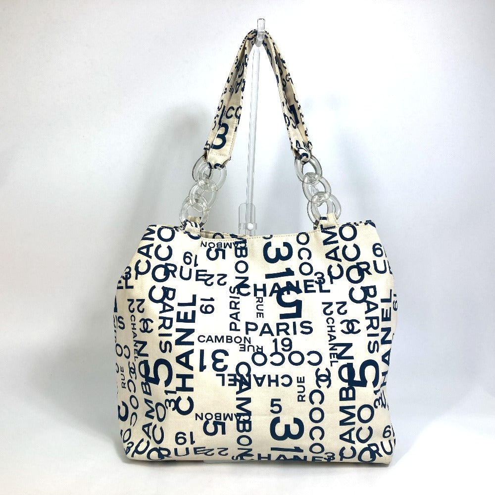 CHANEL バイシー CCココマーク クリアチェーン カバン 肩掛け トートバッグ キャンバス レディース ホワイト×ネイビー