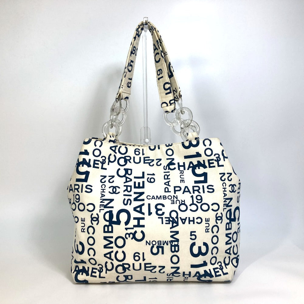CHANEL バイシー CCココマーク クリアチェーン カバン 肩掛け トートバッグ キャンバス レディース ホワイト×ネイビー
