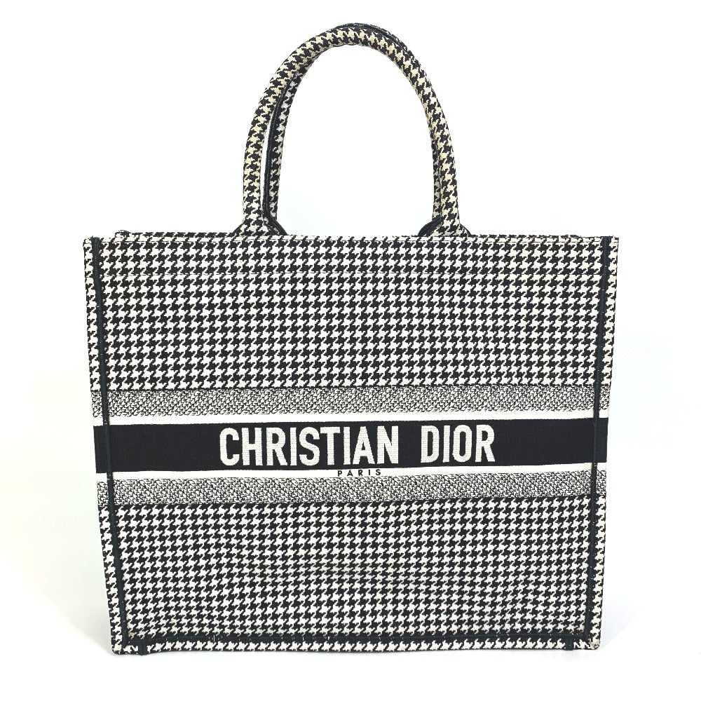 Dior 千鳥格子 ショルダーバッグ 肩掛け ハウンドトゥース エンブロイダリー カバン ブックトート トートバッグ キャンバス レディース ホワイト/ブラック