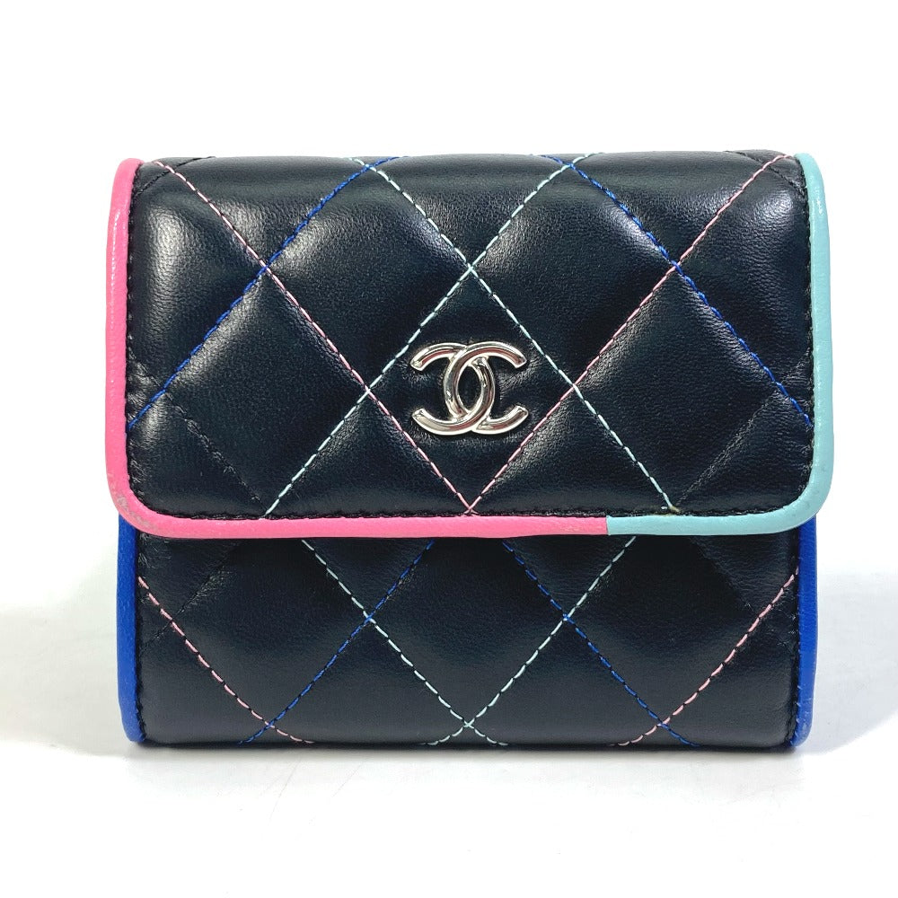 CHANEL CC ココマーク スモールフラップ コンパクトウォレット 3つ折り財布 ラムスキン レディース ブラック